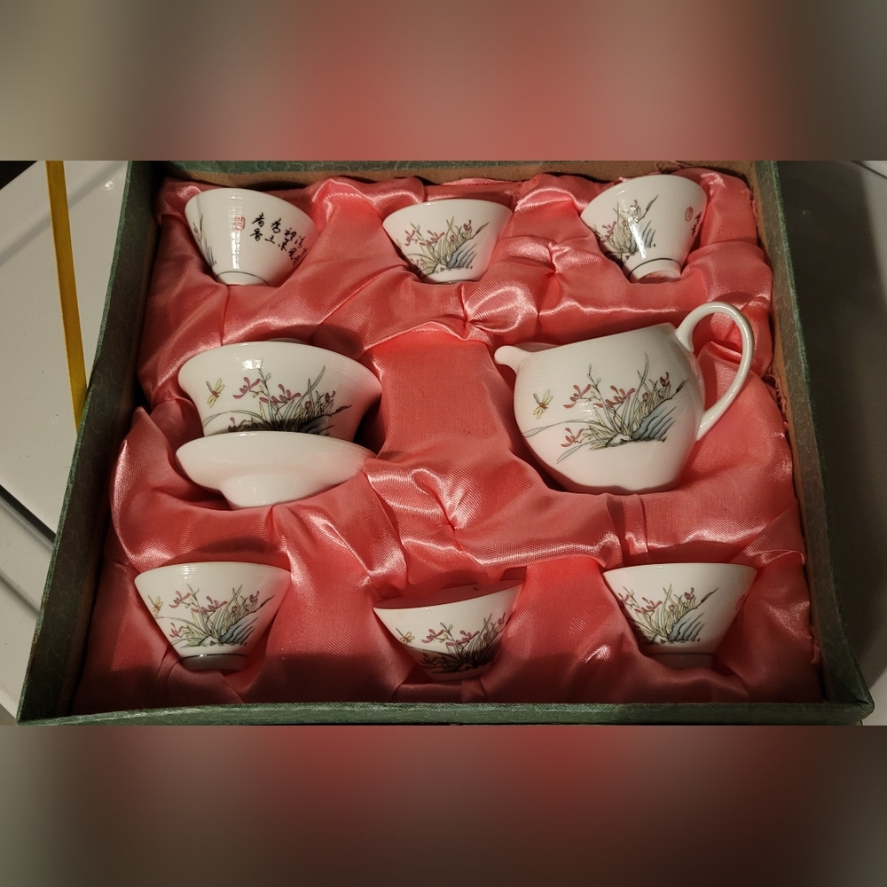 Porcelain Tea Set with Floral and Dragonfly Motif